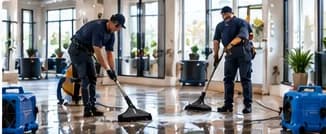 Technicians cleaning tile floors in a home