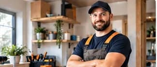 Handyman standing arms crossed in a workshop