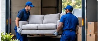 Movers carrying a sofa into a moving truck