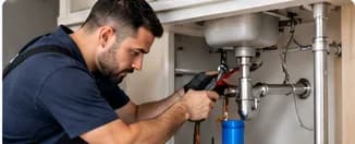 Plumber repairing pipes under a kitchen sink