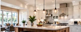 Newly remodeled kitchen with an island and pendant lighting