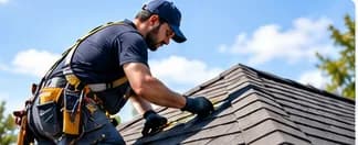 Roofer installing shingles on a residential roof