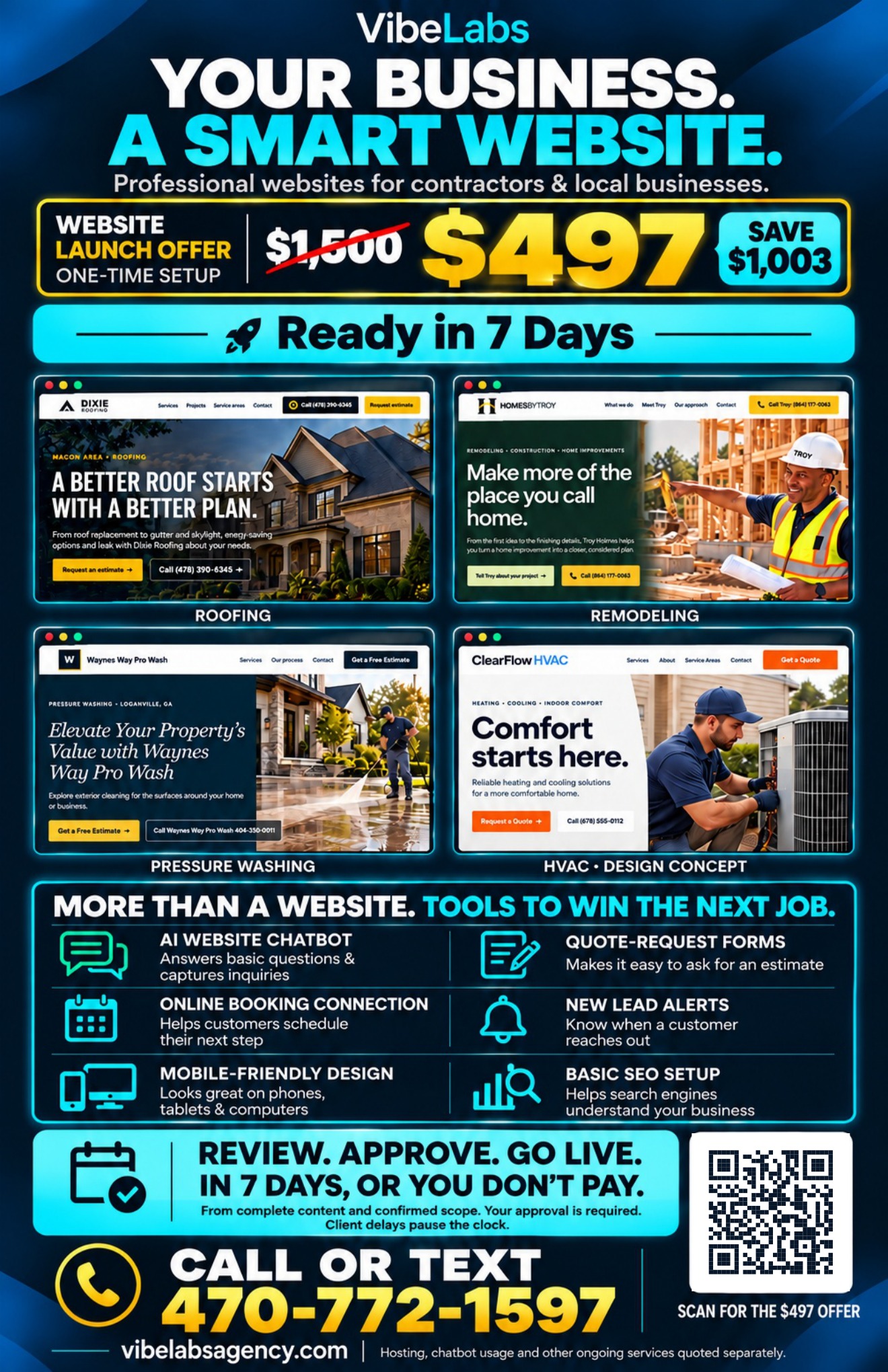 VibeLabs $497 smart website poster with website designs, features, seven-day promise, contact number and QR code