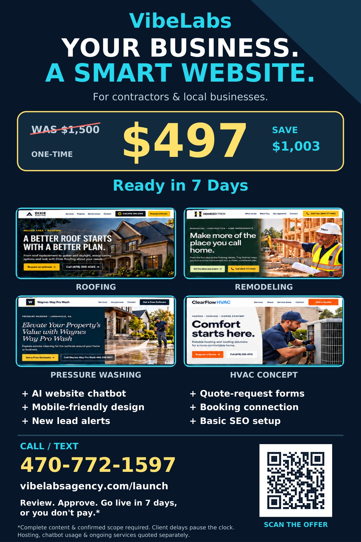 VibeLabs $497 smart website flyer with four website designs, Ready in 7 Days, call or text 470-772-1597 and QR code