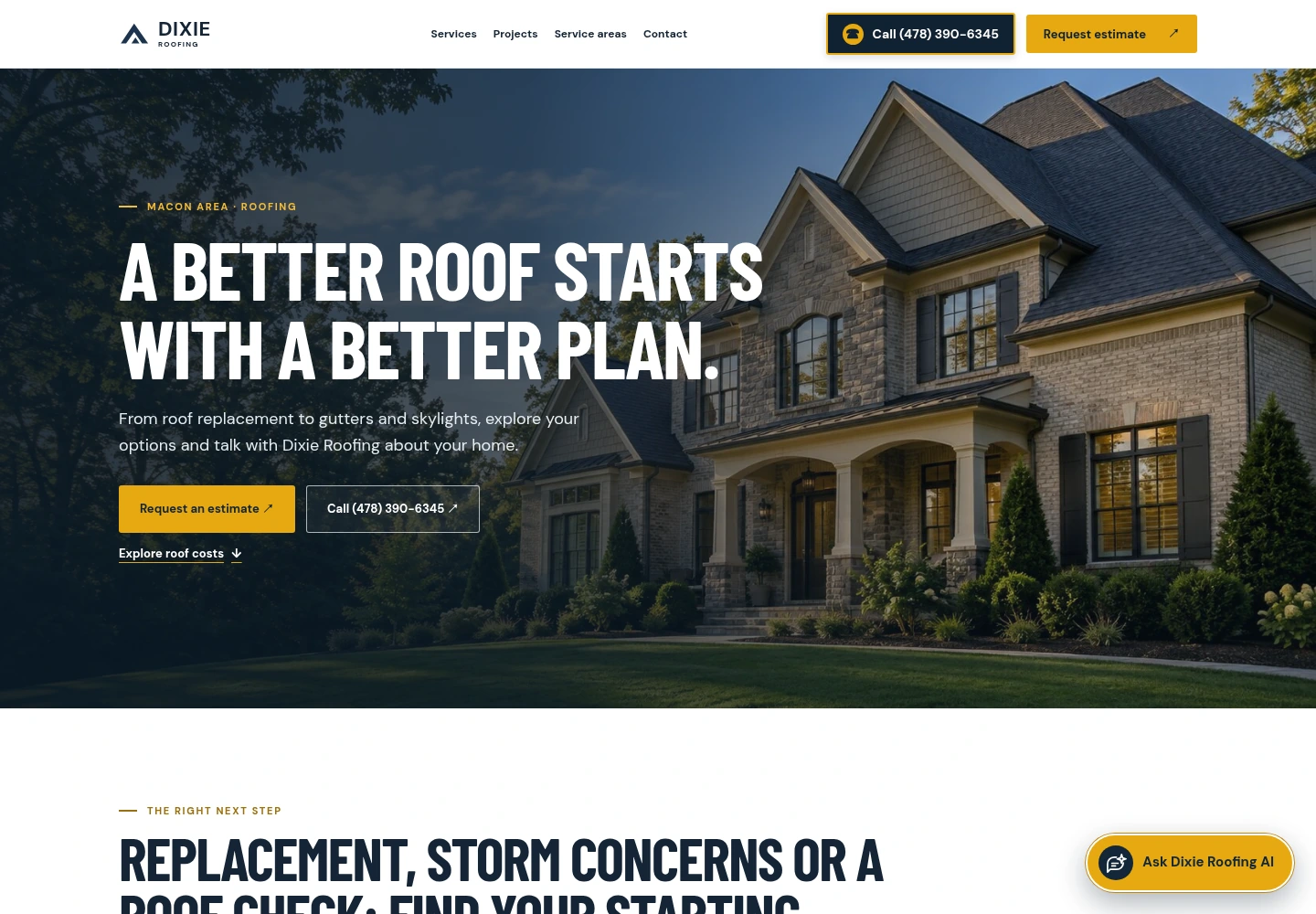 Dixie Roofing demo with a large residential roofing photograph